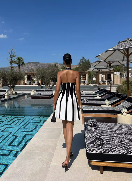 Sexy Low Cut Backless Halter Neck Striped Waist A-Line Homecoming Dress - View 4 | FashionDia