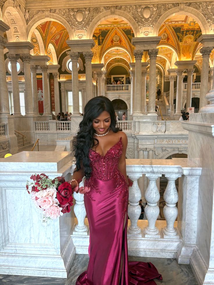 Elegant Pink Mermaid Sequined V-neck Slit Satin Long Prom Dress Evening Dress