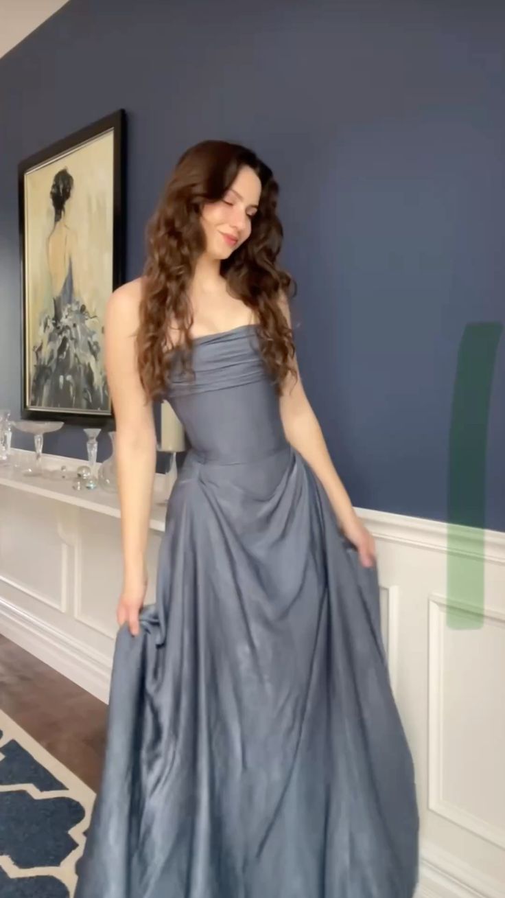 Elegant Grey A-line Strapless Pleated Satin Long Prom Dress Evening Dress