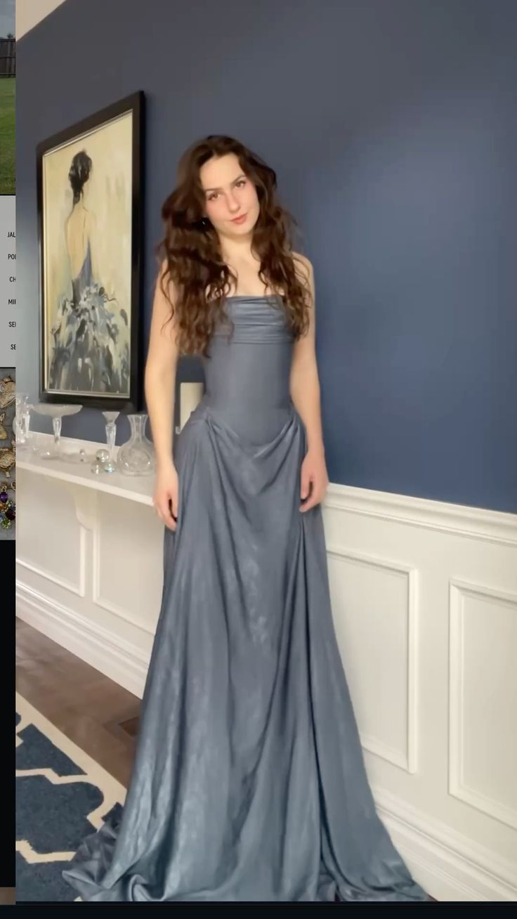 Elegant Grey A-Line Strapless Pleated Satin Long Prom & Evening Dress - View 3 | FashionDia