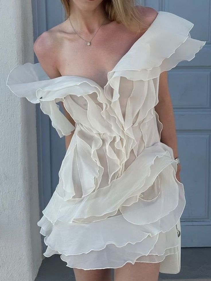 Flowy Ruffled Low-cut V-Neck White Birthday Skirt Homecoming Dress - View 4 | FashionDia