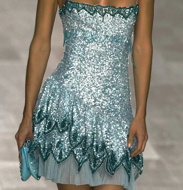 Gorgeous Blue Spaghetti Strap Sequin Waist Birthday Party Homecoming Dress cc4378