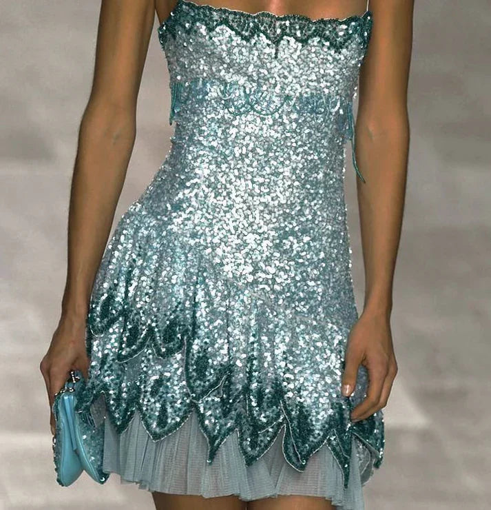 Gorgeous Blue Spaghetti Strap Sequin Waist Birthday Party Homecoming Dress