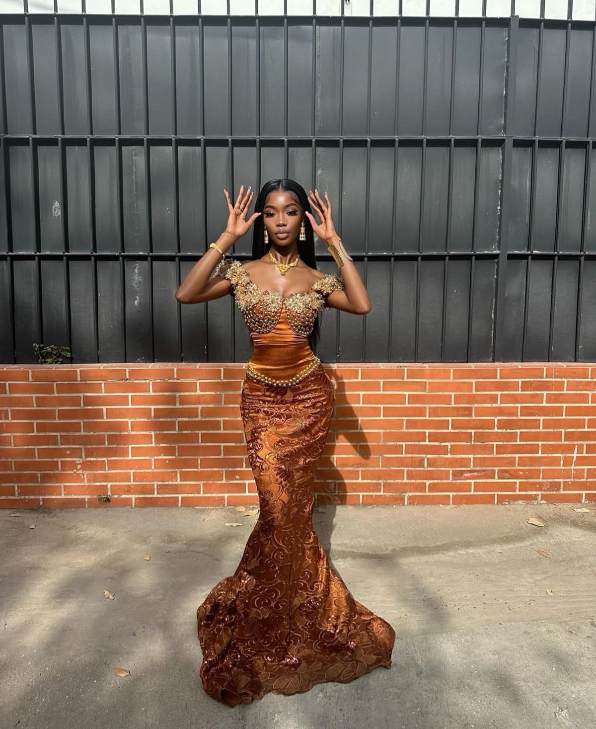 Luxurious Gold-Bronze Off-The-Shoulder Beaded Jacquard Mermaid Long Prom & Evening Dress - View 3 | FashionDia
