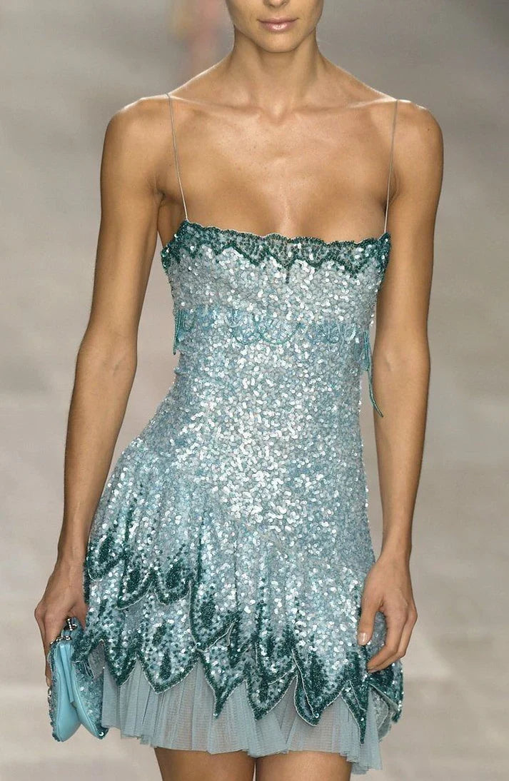 Gorgeous Blue Spaghetti Strap Sequin Waist Birthday Party Homecoming Dress cc4378