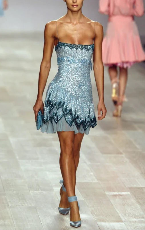 Gorgeous Blue Spaghetti Strap Sequin Waist Birthday Party Homecoming Dress cc4378