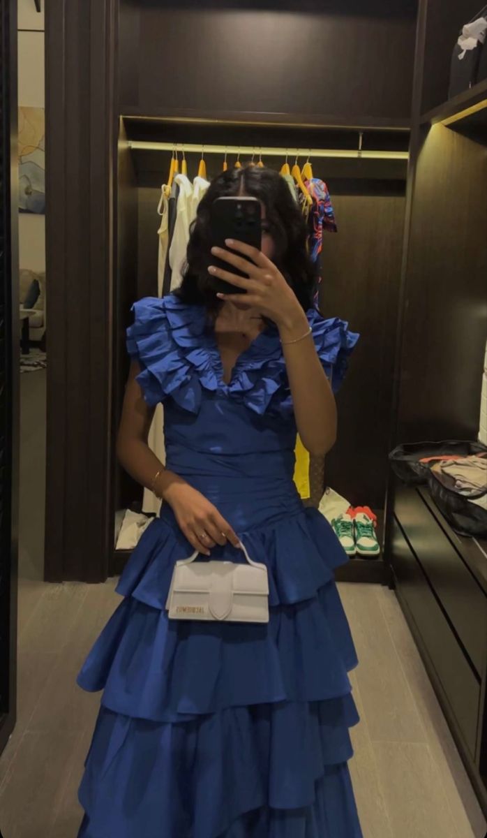 Sweet Royal Blue A-line V-neck Layered Ruffle Long Prom Dress Evening Dress