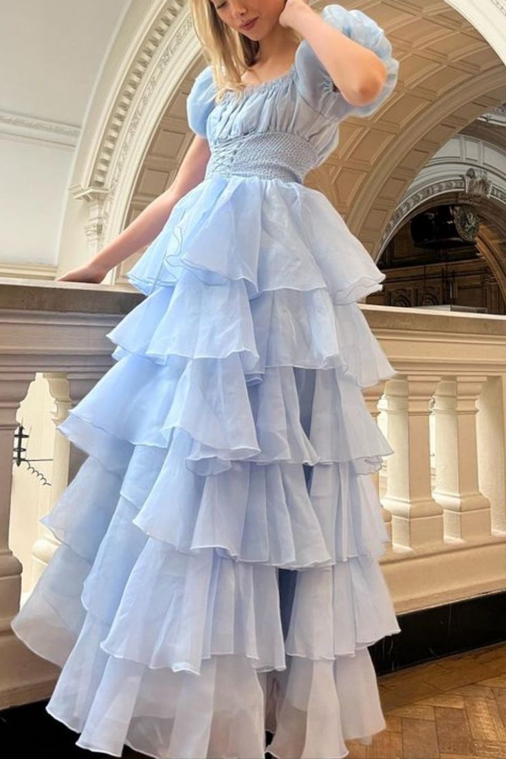 Sweet Light Sky Blue Square Neckline Puff Sleeve Layered Ruffle Organza A-line Long Prom Dress Evening Dress