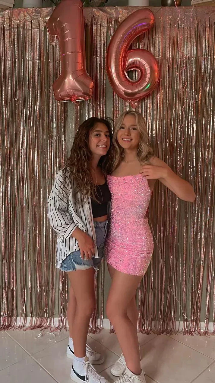 Cute Pink Sequined Tube Top With Back Straps And Hip Wrap 17th Birthday Homecoming Dress