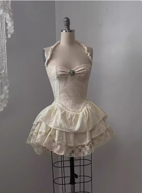 Vintage Jacquard Halter Neck Lace Trim Mini Birthday Skirt Homecoming Dress - View 2 | FashionDia