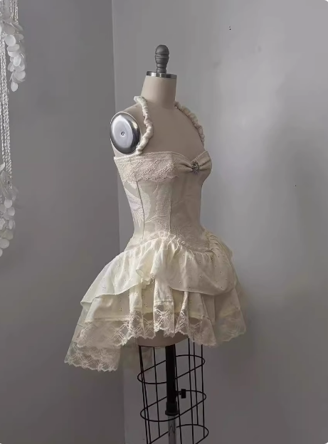 Vintage Jacquard Halter Neck Lace Trim Mini Birthday Skirt Homecoming Dress - View 4 | FashionDia
