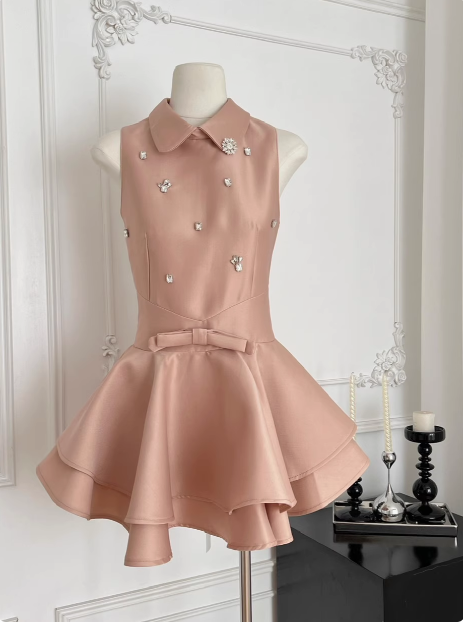Sweet Sleeveless Studded Diamond Polo Neck Slim-Fit Puffy Birthday Short Skirt Homecoming Dress - FashionDia