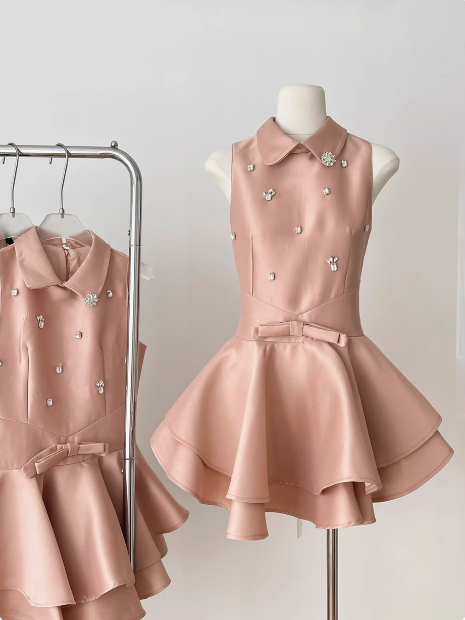 Sweet Sleeveless Studded Diamond Polo Neck Slim-Fit Puffy Birthday Short Skirt Homecoming Dress - View 3 | FashionDia