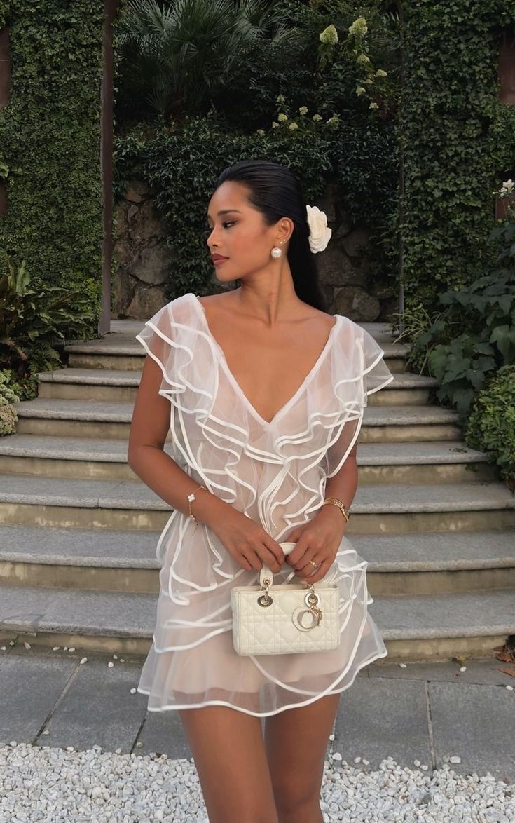 Elegant White Deep V Neck Ruffle Sleeves Semi-Sheer Mesh Birthday Party Homecoming Dress