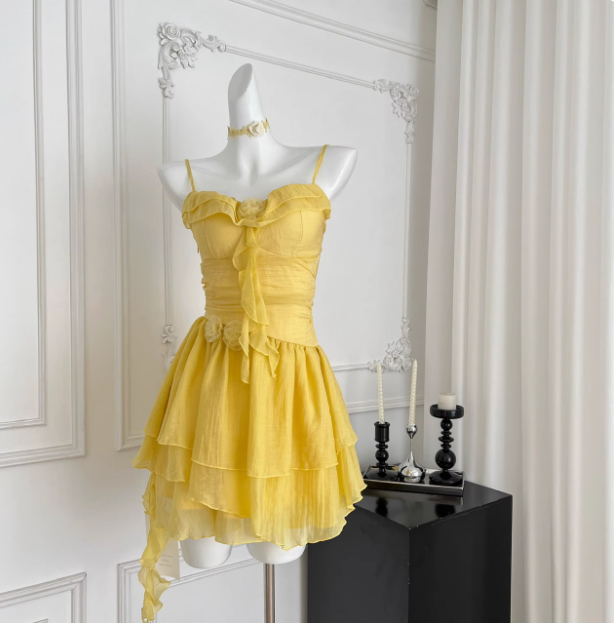 Beautiful Yellow Suspender Flower Irregular Ruffle Chiffon 17th Birthday Short Skirt Homecoming Dress