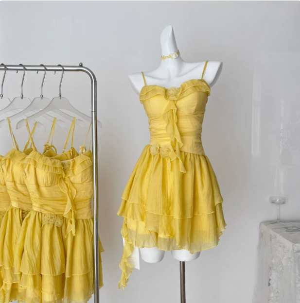 Beautiful Yellow Suspender Flower Irregular Ruffle Chiffon 17th Birthday Short Skirt Homecoming Dress - View 3 | FashionDia