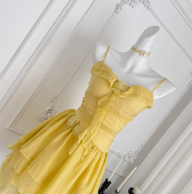 Beautiful Yellow Suspender Flower Irregular Ruffle Chiffon 17th Birthday Short Skirt Homecoming Dress - View 4 | FashionDia