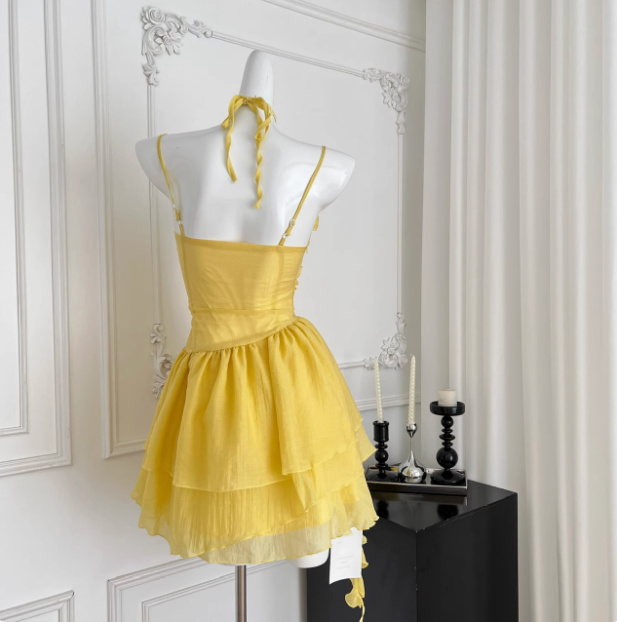 Beautiful Yellow Suspender Flower Irregular Ruffle Chiffon 17th Birthday Short Skirt Homecoming Dress - View 5 | FashionDia