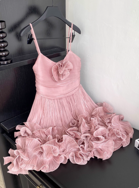 Sweet Suspender Pleated Three-dimensional Flower Ruffle Pink Birthday Skirt Homecoming Dress