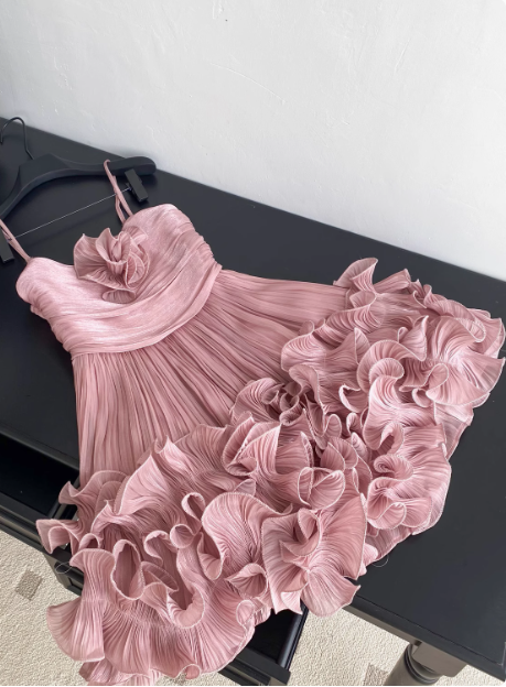 Sweet Suspender Pleated Three-dimensional Flower Ruffle Pink Birthday Skirt Homecoming Dress - View 3 | FashionDia