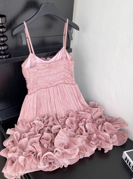 Sweet Suspender Pleated Three-dimensional Flower Ruffle Pink Birthday Skirt Homecoming Dress - View 4 | FashionDia