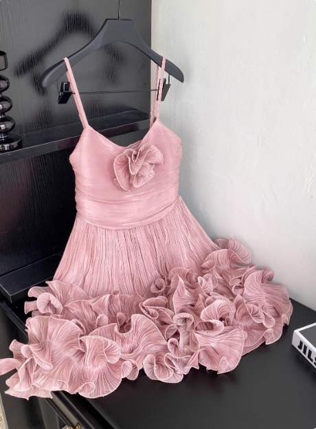 Sweet Suspender Pleated Three-dimensional Flower Ruffle Pink Birthday Skirt Homecoming Dress - View 5 | FashionDia