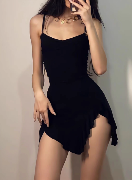 Irregular Slit Black Sling Waist Hip Birthday Short Skirt Homecoming Dress - FashionDia