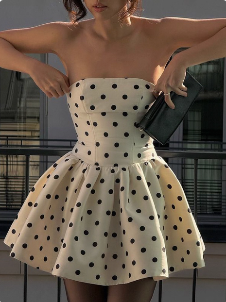 French Backless Bow Polka Dot Tube Top A-line Birthday Skirt Homecoming Dress