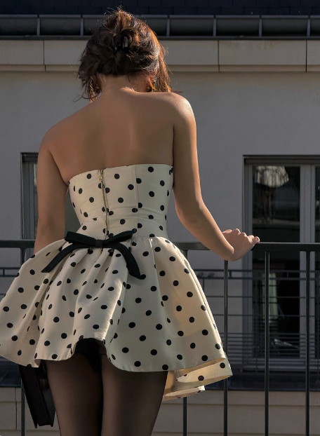 French Backless Bow Polka Dot Tube Top A-Line Birthday Skirt Homecoming Dress - View 3 | FashionDia