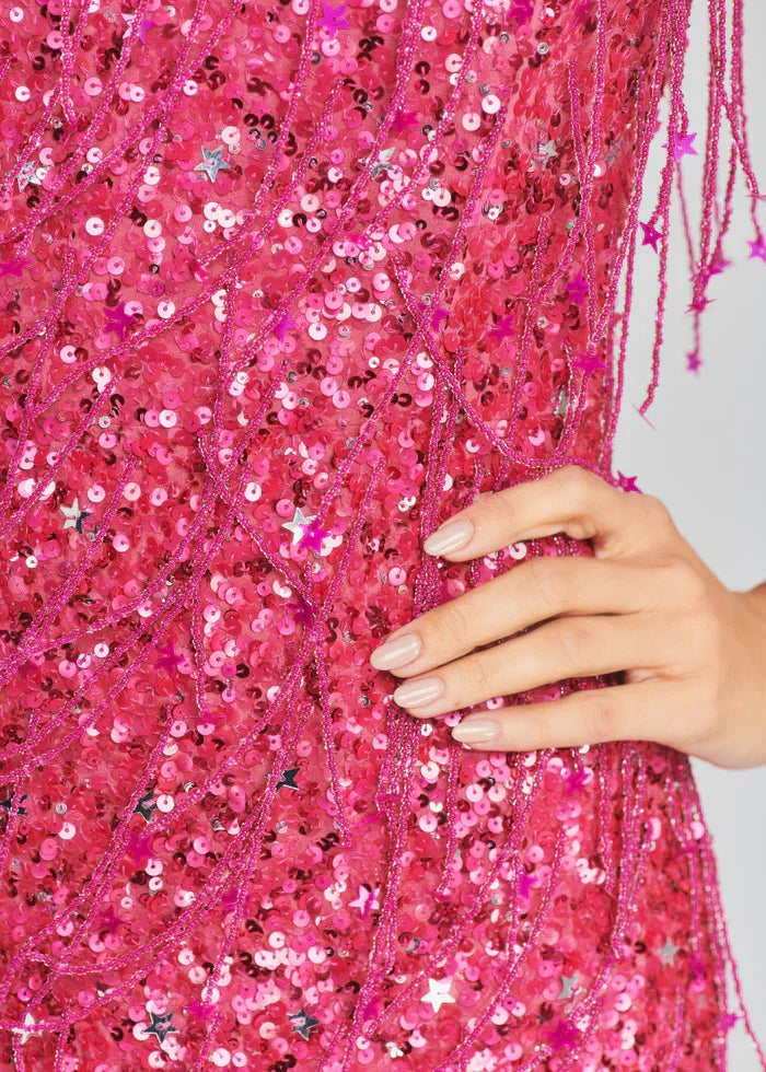 Shiny Pink Sequined Tassel Tube Top Slim Fit 17th Birthday Homecoming Dress
