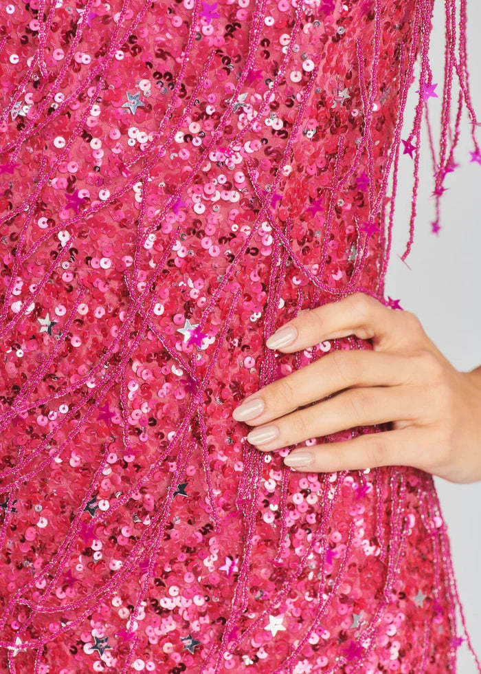 Shiny Pink Sequined Tassel Tube Top Slim-Fit 17th Birthday Homecoming Dress - View 4 | FashionDia