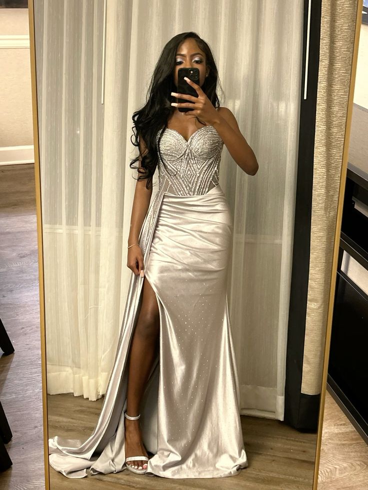 Elegant Silver-Grey Mermaid Slit Satin Long Prom Dress Evening Dress