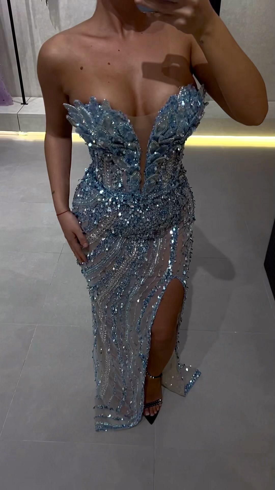 Glamorous Mermaid Strapless Sequined High-Slit Mesh Long Prom Dress Evening Dress