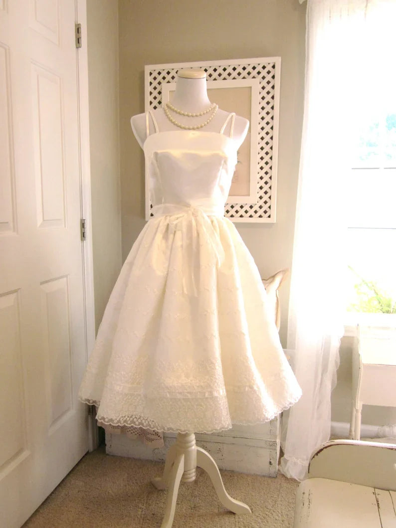 Cute Ivory Strappy Satin Lace Trim A-Line Birthday Dress Homecoming Dress - View 3 | FashionDia