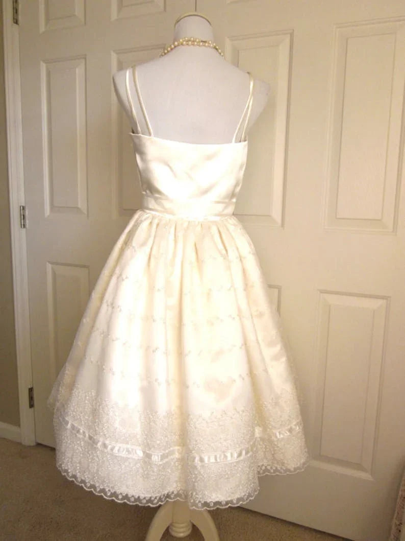 Cute Ivory Strappy Satin Lace Trim A-Line Birthday Dress Homecoming Dress - View 5 | FashionDia