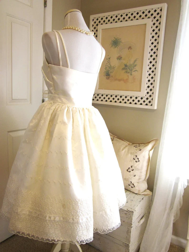 Cute Ivory Strappy Satin Lace Trim A-Line Birthday Dress Homecoming Dress - View 6 | FashionDia
