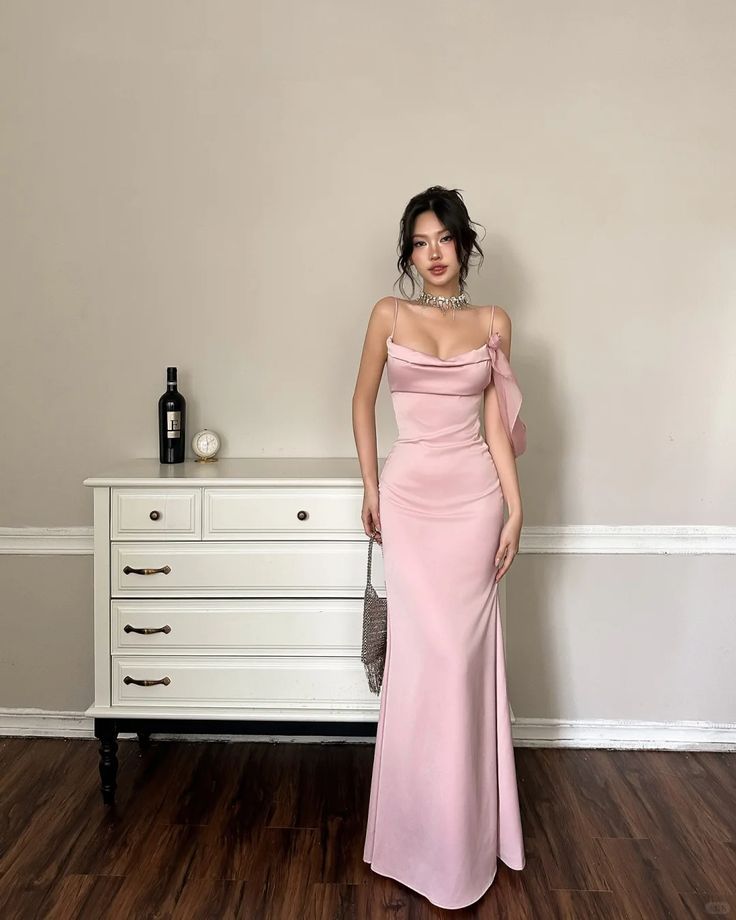 Elegant Pink Mermaid Spaghetti Strap Backless Satin Long Prom & Evening Dress - View 3 | FashionDia
