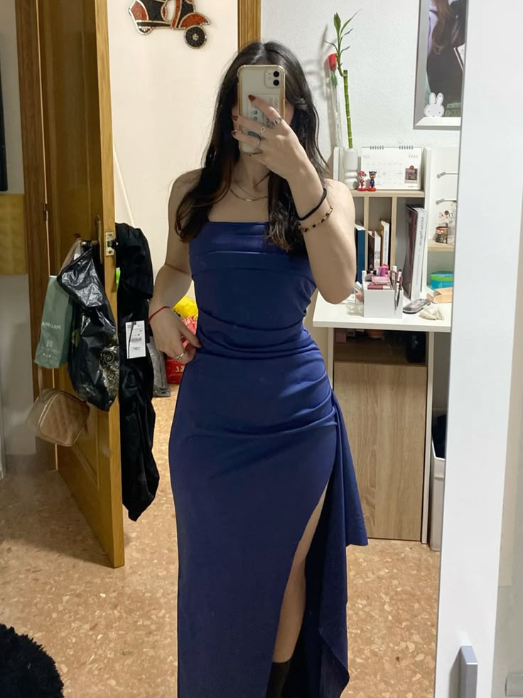 Simple Navy Blue Strapless High-Slit Satin Long Prom Dress Evening Dress Bridesmaid Dress