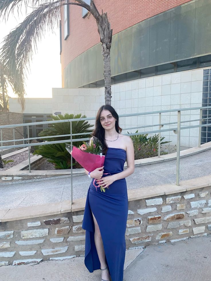 Simple Navy Blue Strapless High-Slit Satin Long Prom & Evening Dress Bridesmaid Dress - View 3 | FashionDia