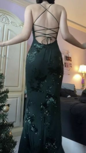 Beautiful Dark Green Mermaid V-Neck Cross-Strap Sequined Long Prom & Evening Dress - View 3 | FashionDia