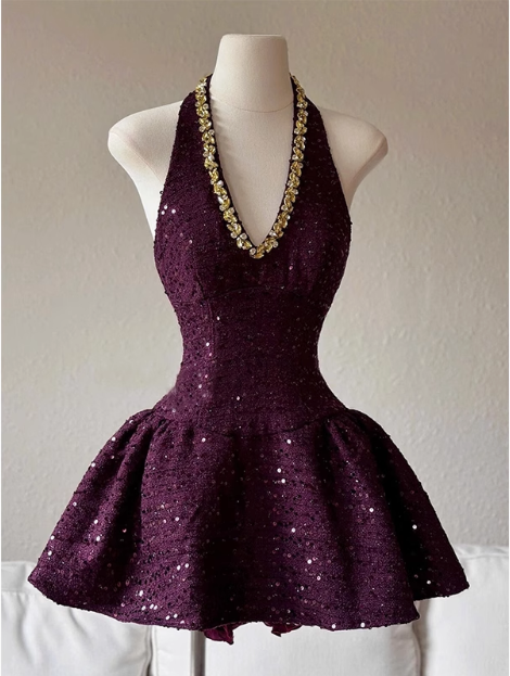 Heavy Diamond Purple Sequined Halter Neck A-line 19th Birthday Homecoming Dress