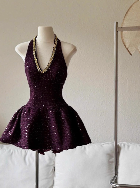 Heavy Diamond Purple Sequined Halter Neck A-Line 19th Birthday Homecoming Dress - View 3 | FashionDia