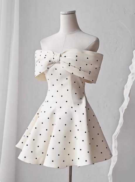 Sweet One-shoulder Bow Satin Polka Dot Puffy Birthday Skirt Homecoming Dress