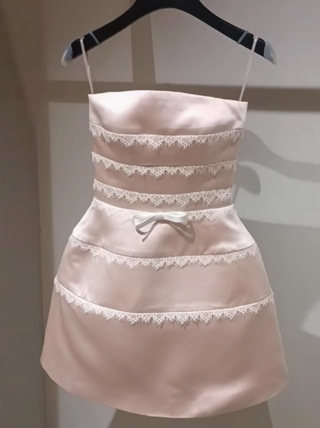 Cute Pink Suspender Satin Lace 17th Birthday Homecoming Dress