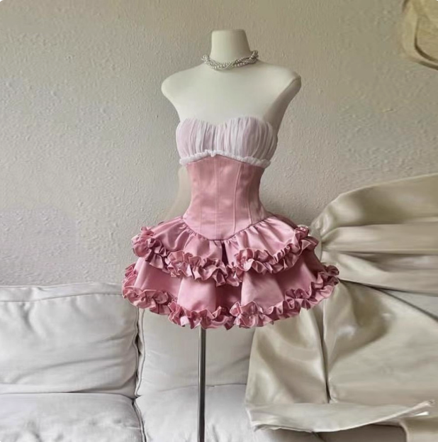 Princess Tube Top Fishbone Waist Ruffled Puffy Birthday Skirt Homecoming Dress