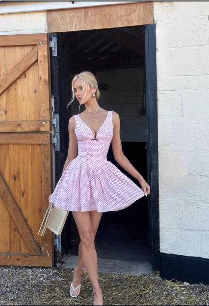 Cute Pink Deep V Polka Dot A-Line Birthday Dress Homecoming Dress - View 3 | FashionDia