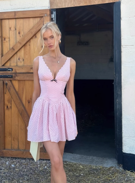 Cute Pink Deep V Polka Dot A-Line Birthday Dress Homecoming Dress - View 4 | FashionDia