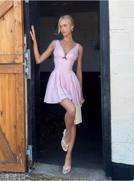 Cute Pink Deep V Polka Dot A-Line Birthday Dress Homecoming Dress - View 5 | FashionDia
