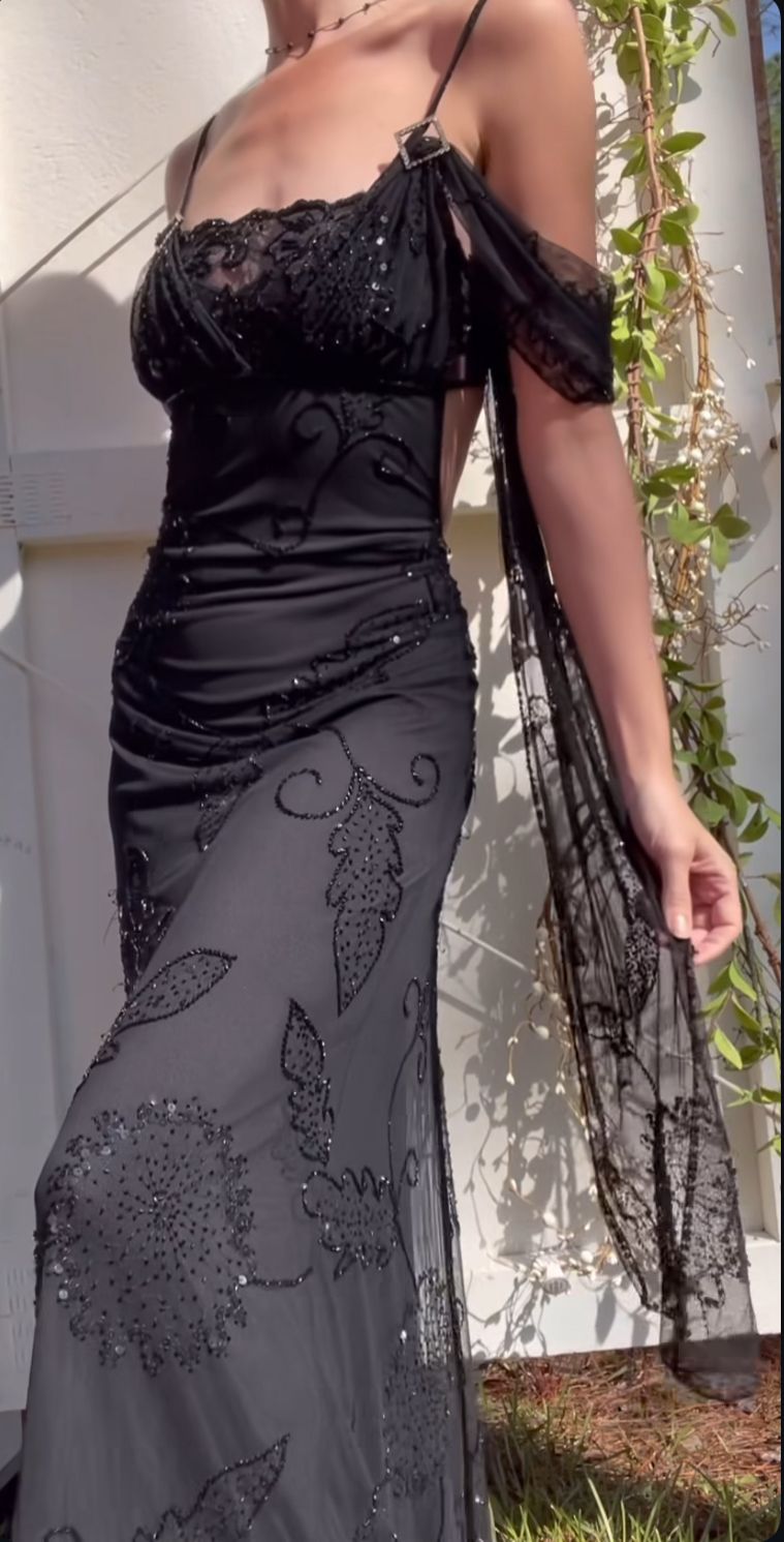 Vintage Black Thin Strap Beaded Backless Chiffon Long Prom Dress Evening Dress