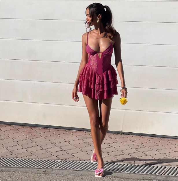 Sexy Purple Lace Halter Waist Hollow Birthday Cake Skirt Homecoming Dress - View 4 | FashionDia